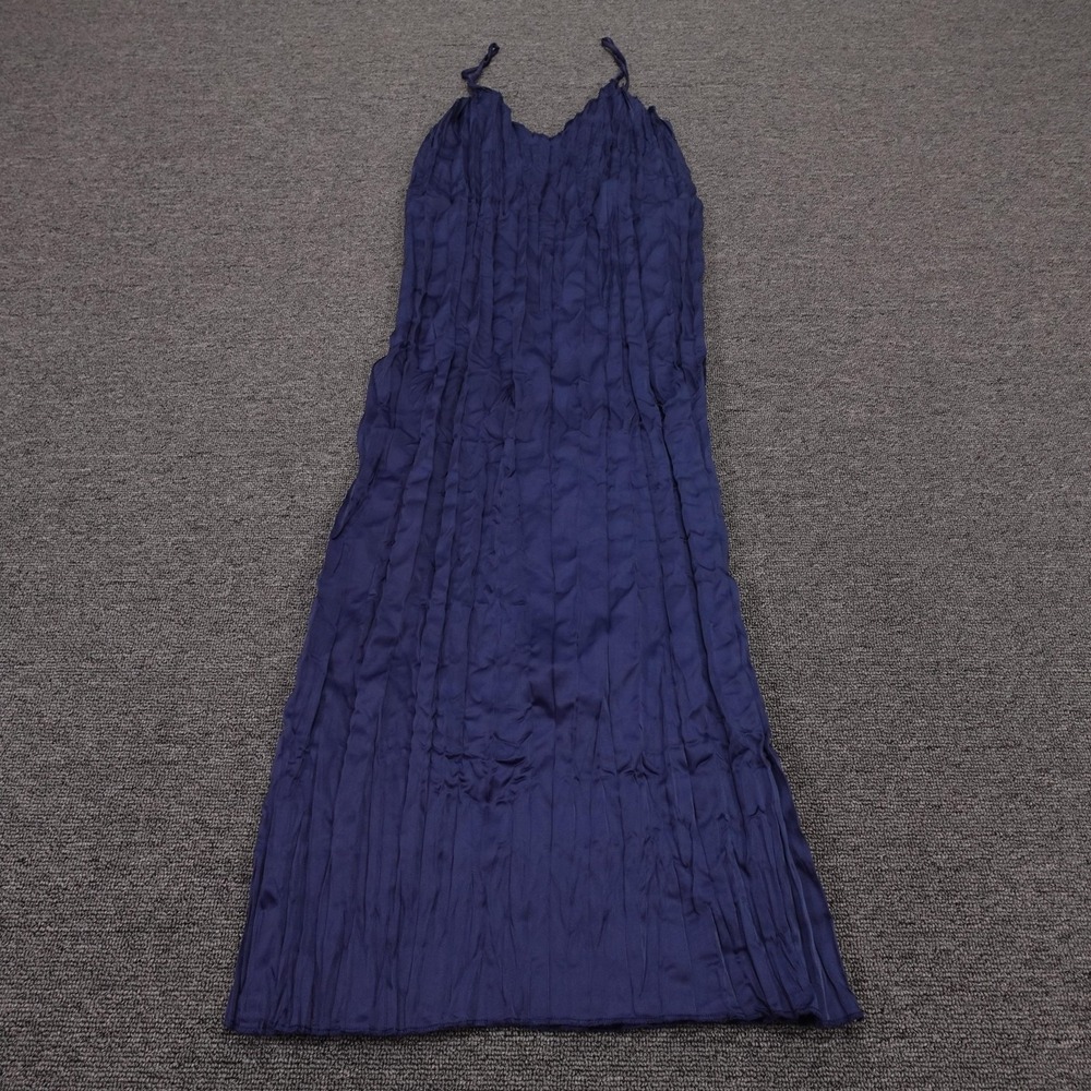 Zara Dress Womens Small Blue Pleated Slip Maxi V‎ Neck Strappy Summer Casual